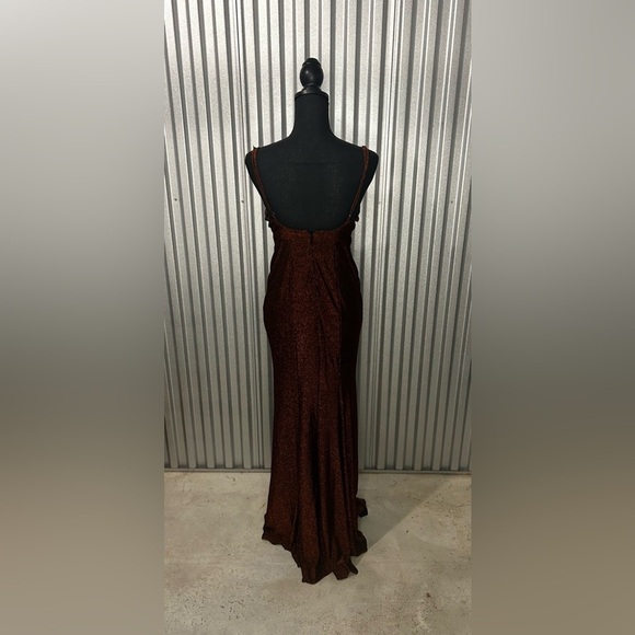 Women’s Jules & Cleo Design Nylon Metallic Spandex Orange Formal Maxi Slit Dress - Picture 2 of 9